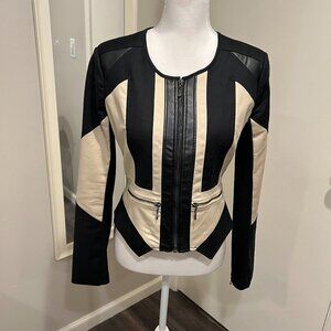 Patrizia Luca Milano Black & Cream Zip Front Color block Moto Jacket, Size Small